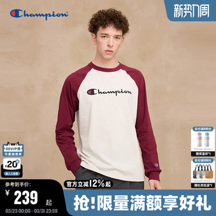 圆领打底衫 Champion冠军长袖 插肩袖 新款 女拼接复古红 T恤男秋季