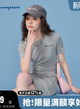Champion冠军连衣裙女夏季2025新款流行收腰短袖圆领裙子黑色印花
