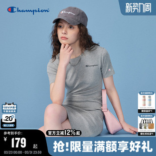 圆领裙子黑色印花 流行收腰短袖 Champion冠军连衣裙女夏季 2025新款