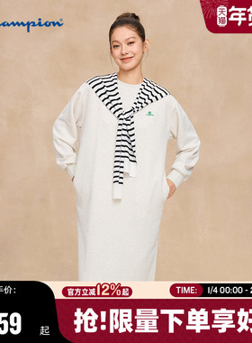 Champion冠军长袖连衣裙女2025秋季新款纯色圆领H型休闲长裙潮牌
