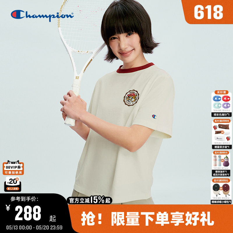 Champion冠军短袖T恤女2026夏季新款圆领卡通印花撞色短上衣纯棉