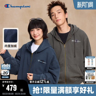 Champion冠军加绒连帽卫衣男2025秋冬新款 水洗做旧风女秋 拉链开衫