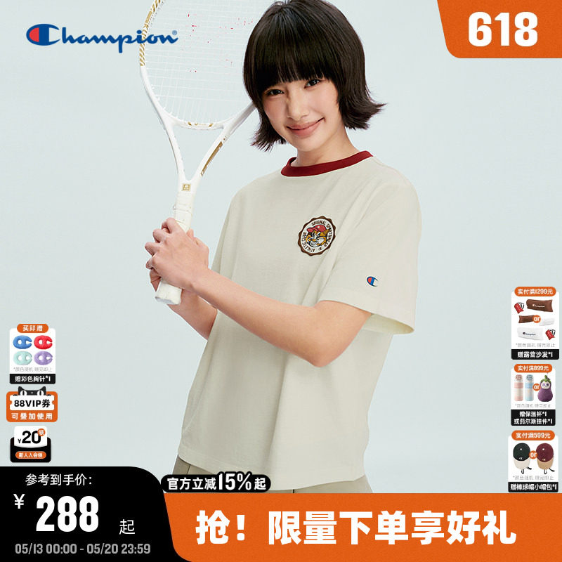 Champion冠军短袖T恤女2026夏季新款圆领卡通印花撞色短上衣纯棉