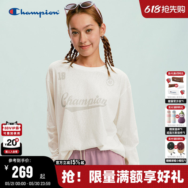 Champion冠军长袖T恤女2026春季新款圆领印花打底罩衫软复古少女