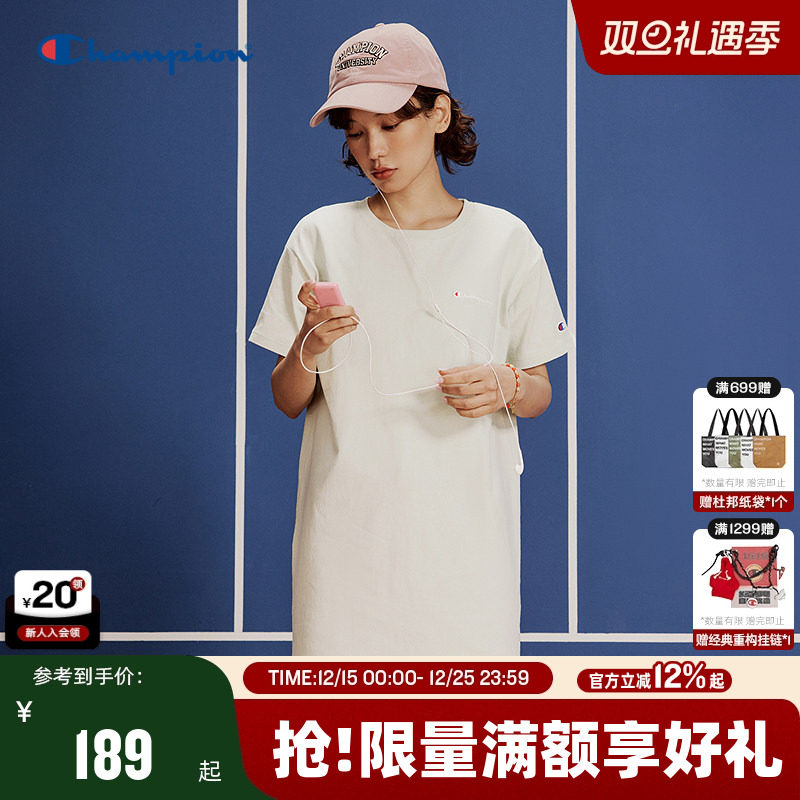 Champion冠军短袖连衣裙2025夏季新款纯棉中长款t恤裙女休闲宽松