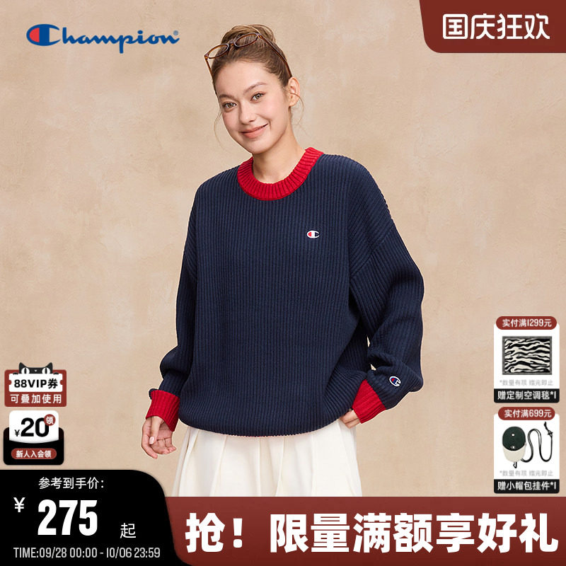 Champion冠军毛衣男2025秋季新款混色拼接圆领针织衫保暖美式风