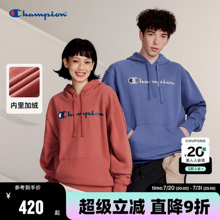Champion冠军潮牌加绒卫衣情侣连帽上衣女刺绣复古风男秋保暖