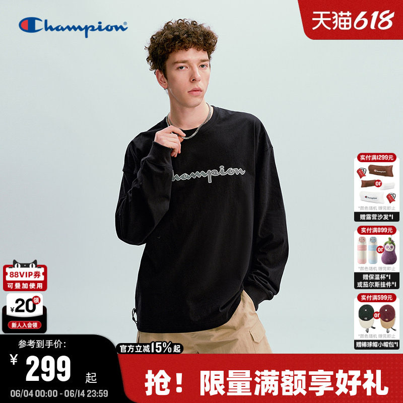 Champion冠军长袖T恤男2026春季新款简约纯棉宽松上衣女印花logo