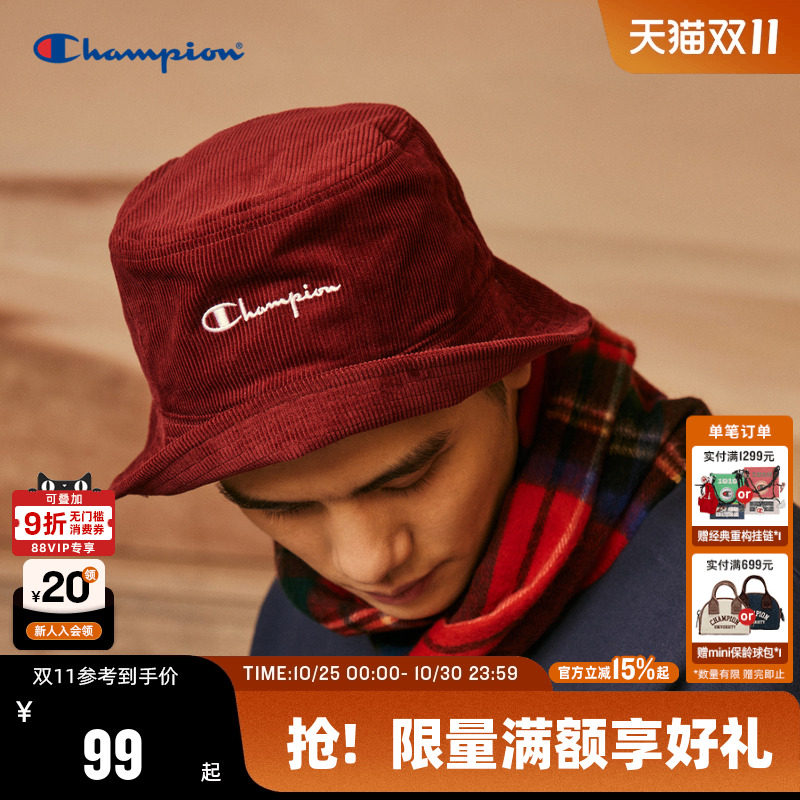 Champion冠军渔夫帽男女秋季红色灯芯绒时尚休闲情侣潮牌帽子遮阳