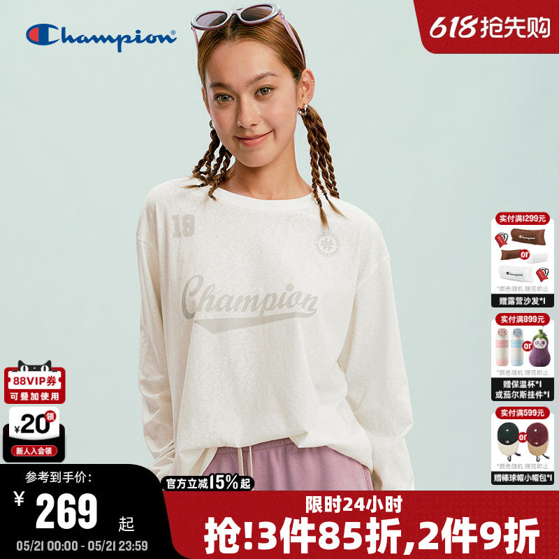 Champion冠军长袖T恤女2026春季新款圆领印花打底罩衫软复古少女