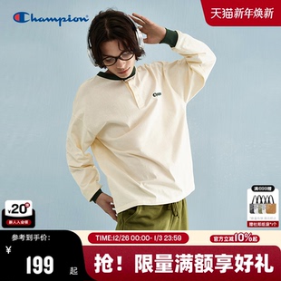 Champion冠军长袖 拼色亨利领纯棉打底刺绣圆领女 t恤男春秋新款