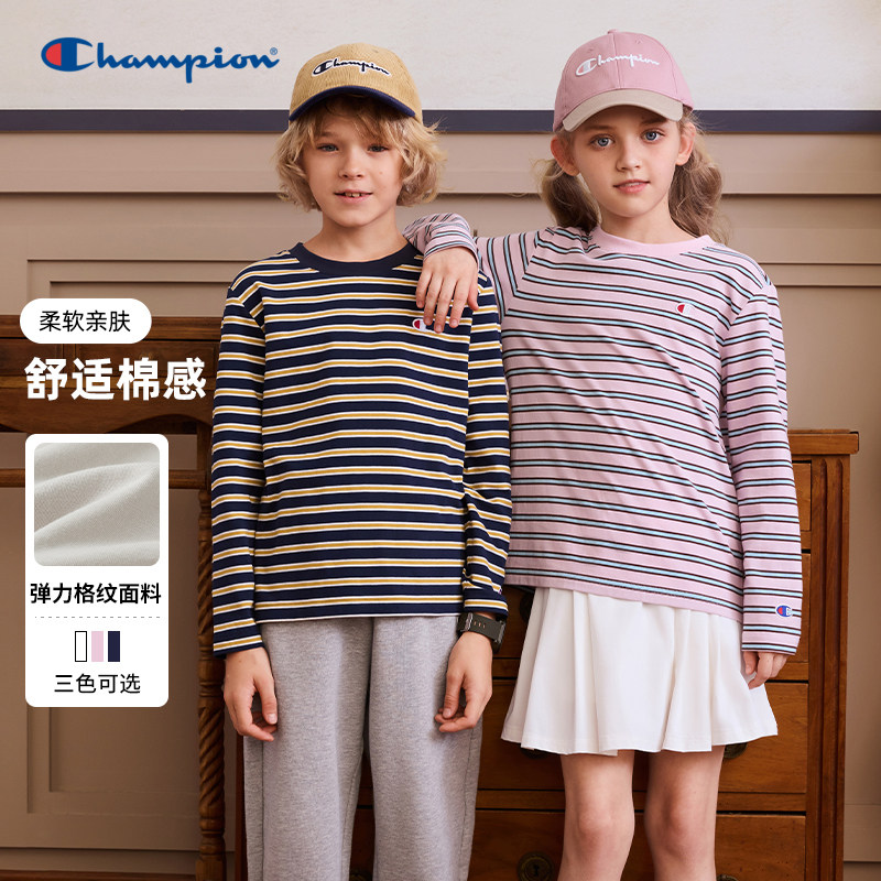 Champion冠军男女童装25秋季新款经典学院复古条纹刺绣小C长袖T恤,童装/婴儿装/亲子装,T恤,淘宝优惠券,粉丝福利购,淘宝优惠卷