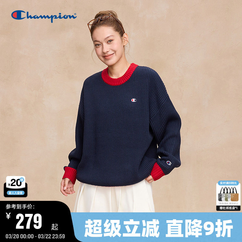 Champion冠军毛衣男2025秋季新款混色拼接圆领针织衫保暖美式风