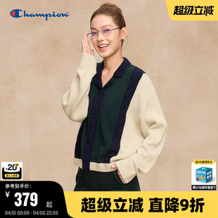 Champion冠军针织衫 新款 长袖 开襟上衣复古拼接潮牌秋毛衣 女25冬季