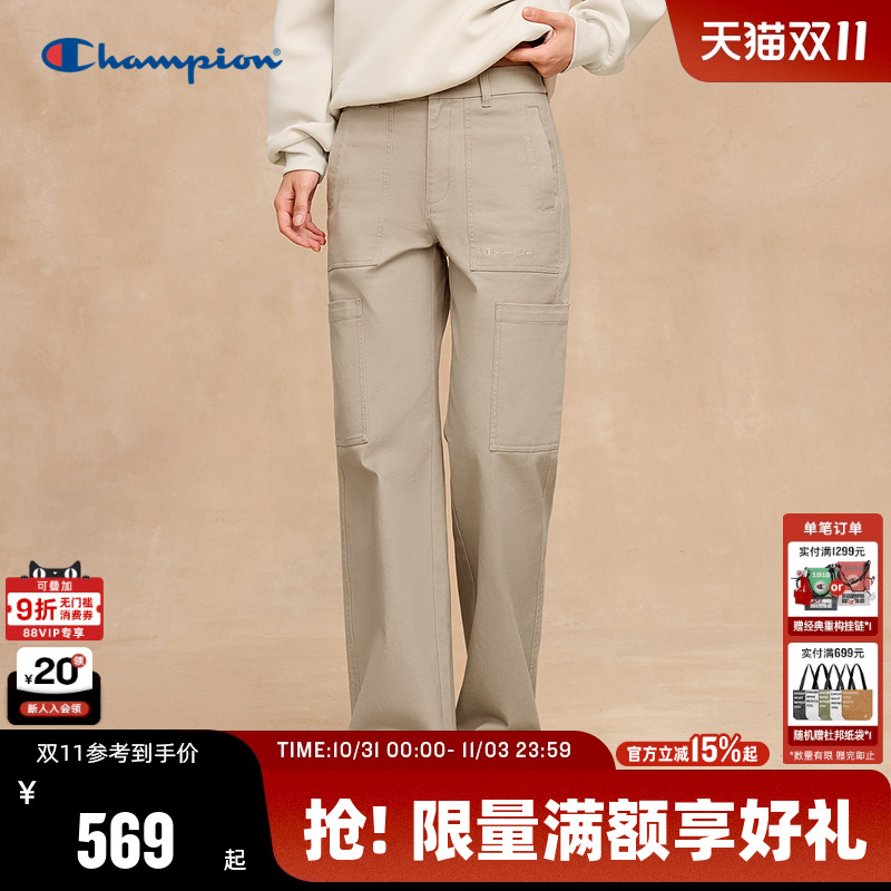 Champion冠军休闲裤女2025秋季新款斜纹直筒长裤复古简约风多口袋