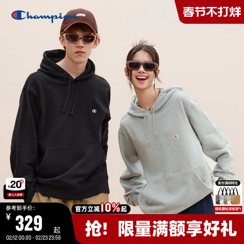 Champion冠军连帽卫衣男2025秋季新款刺绣经典小C简约潮牌女纯色