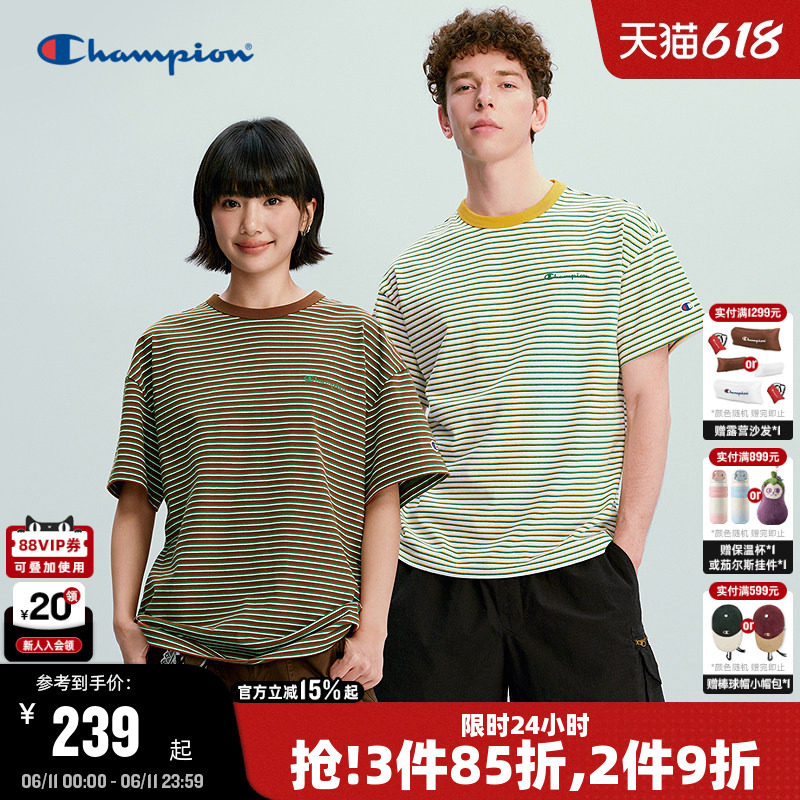 Champion冠军短袖男2026夏季新款复古条纹宽松T恤女清爽全棉休闲