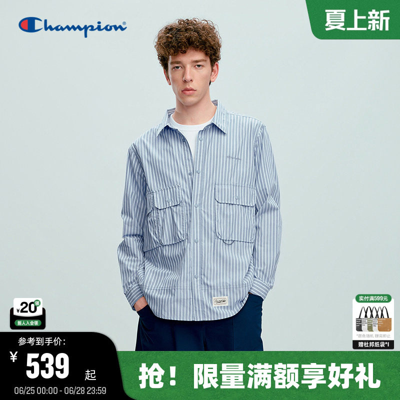 Champion冠军长袖衬衫男2026夏季新款蓝色条纹开衫女休闲宽松潮牌