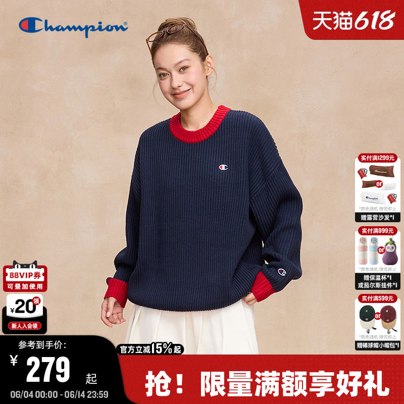 Champion冠军毛衣男2025秋季新款混色拼接圆领针织衫保暖美式风
