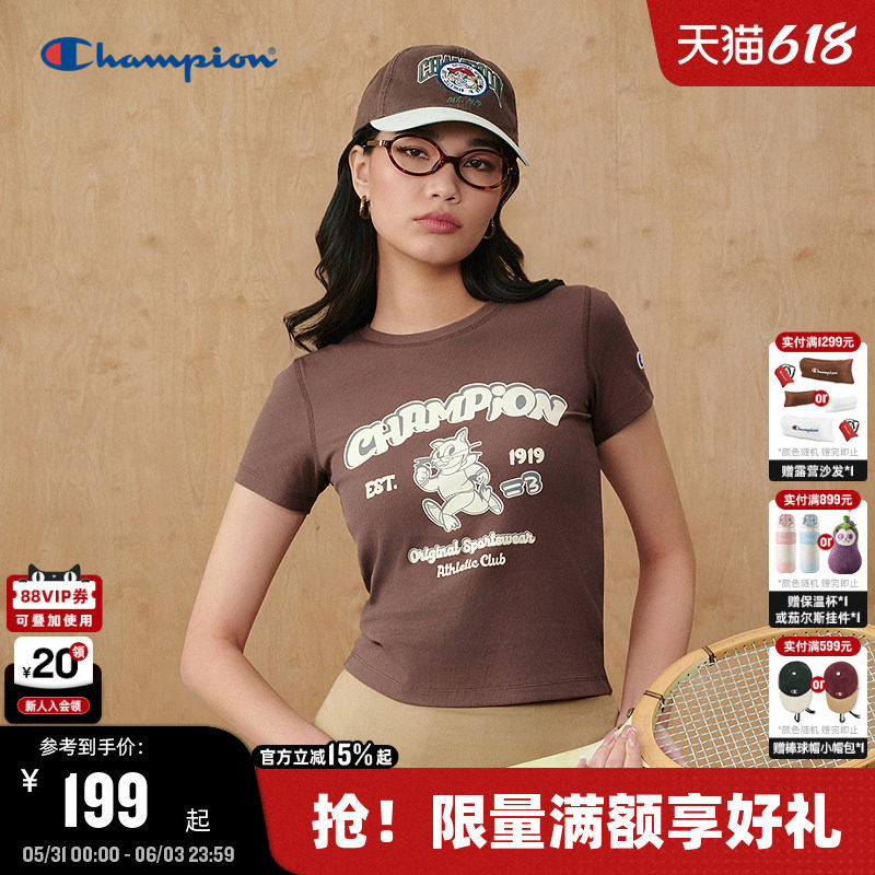 Champion冠军短袖女2026夏季新款卡通印花T恤显瘦修身印花短款潮