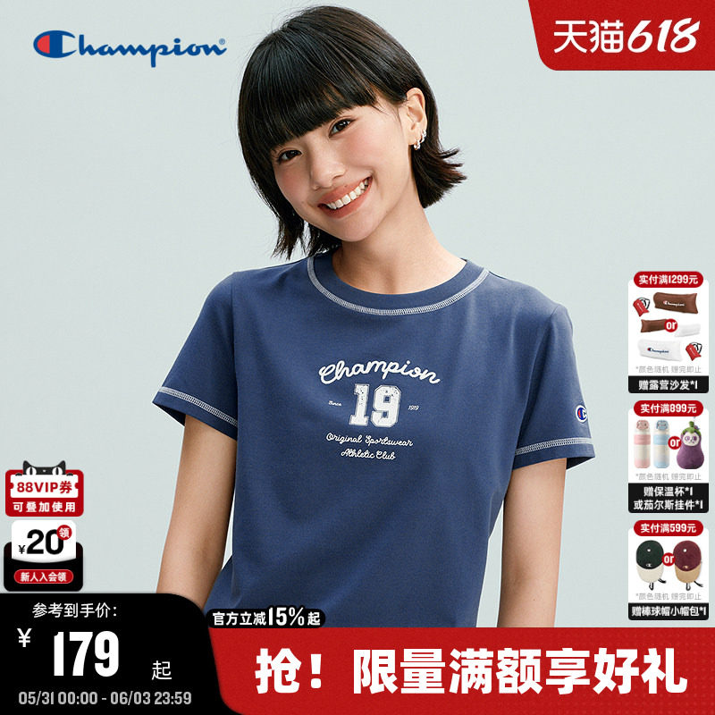 Champion冠军短袖T恤女2026夏季新款甜美显瘦圆领印花短款上衣潮
