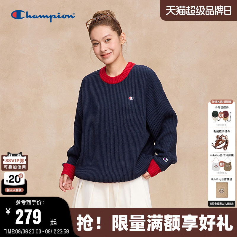 Champion冠军毛衣男2025秋季新款混色拼接圆领针织衫保暖美式风