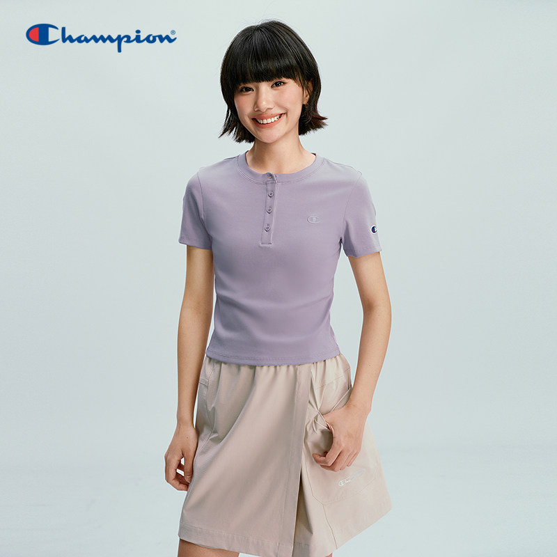 Champion冠军短袖T恤女2026春季新款按扣领纯色修身显瘦上衣甜美