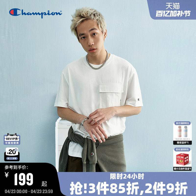 Champion冠军圆领t恤男夏季新款圆领刺绣工装口袋短袖上衣潮