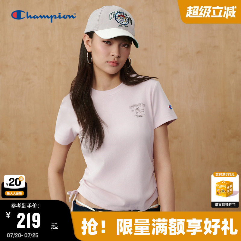 Champion冠军短袖女2026夏季新款萌趣修身辣妹风抽绳T恤美式潮牌
