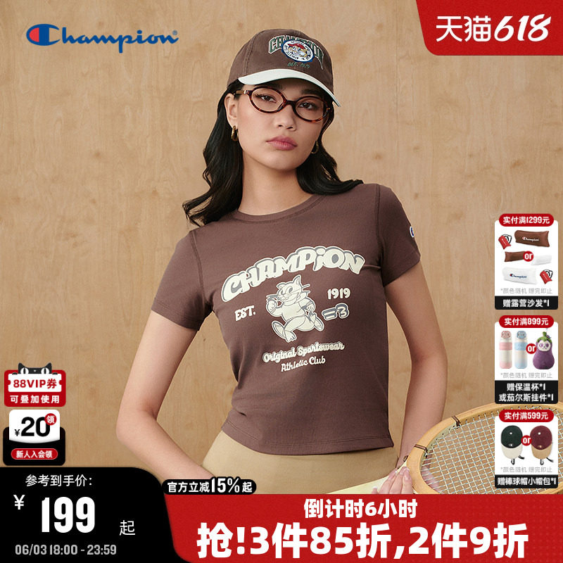 Champion冠军短袖女2026夏季新款卡通印花T恤显瘦修身印花短款潮