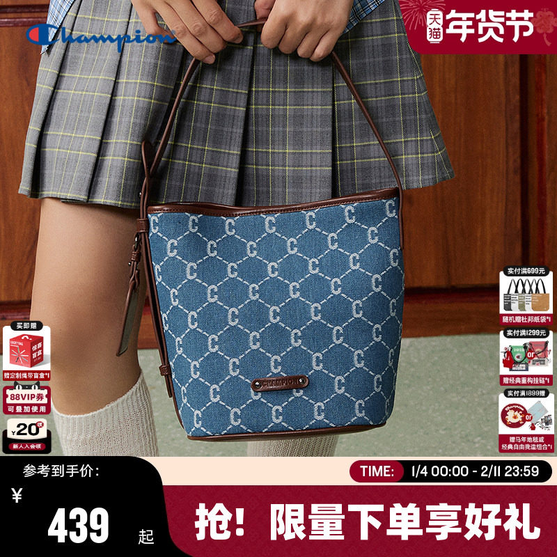 Champion冠军水桶托特包26春季新款女复古牛仔老花手提包通勤背包,箱包皮具/热销女包/男包,水桶包,淘宝优惠券,粉丝福利购,淘宝优惠卷
