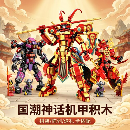 国潮哪吒玩具齐天大圣积木男女孩生日礼物儿童益智拼装机甲的模型