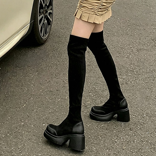 小个子增高厚底绒面过膝长筒靴子女2026新款爆款秋冬加绒高筒长靴