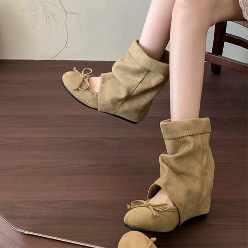 复古芭蕾玛丽珍单靴内增高堆堆凉靴女2026新款夏季蝴蝶结套筒短靴