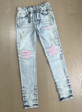 Gaorl25SS新款MX1水洗做旧破坏粉腰果花拼布浅蓝牛仔裤微弹修身AM