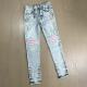 微弹修身 Gaorl25SS新款 MX1水洗做旧破坏粉腰果花拼布浅蓝牛仔裤