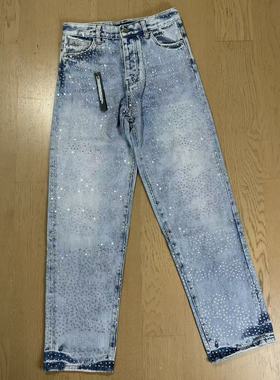 Gaorl25ss水洗做旧烫钻满天星水钻直筒浅蓝色牛仔裤宽松AM