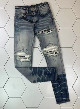 Gaorl新款MX1水洗做旧破坏刺绣白拼布蓝色牛仔裤微弹修身AM男