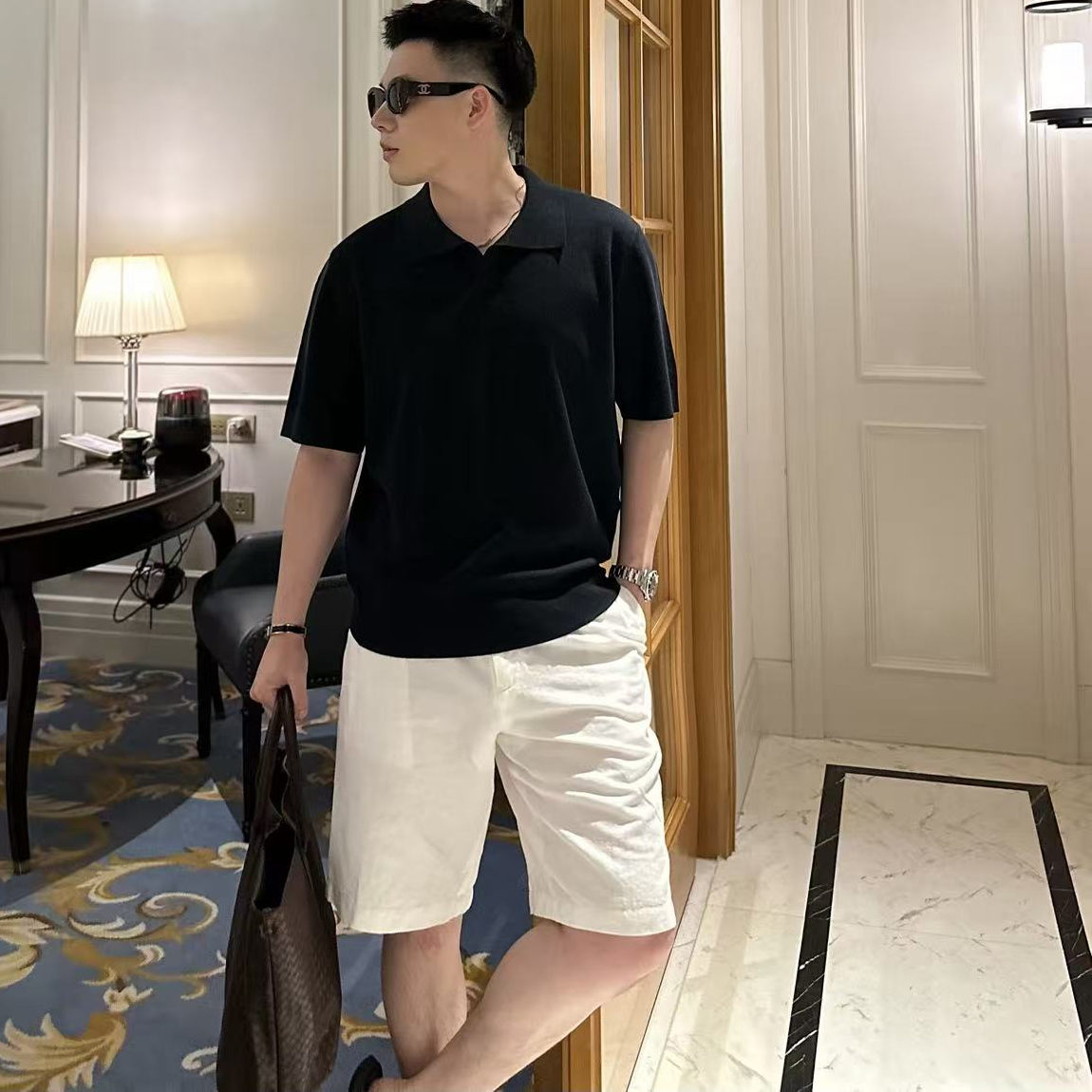 Gaorl新款25SS羊毛针织海鸥领藏青短袖POLO衫
