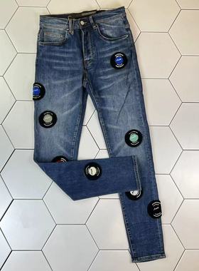 Gaorl新款水洗做旧毛巾刺绣黑胶唱片蓝色牛仔裤微弹修身AM高街男