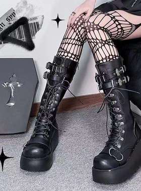 Demonia厚底靴y时尚皮面扣带坡跟中筒靴女朋克辣妹长筒靴高跟女靴
