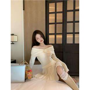 立体花朵长袖挂脖针织衫女秋冬一字肩修身短款打底衫纯欲内搭上衣