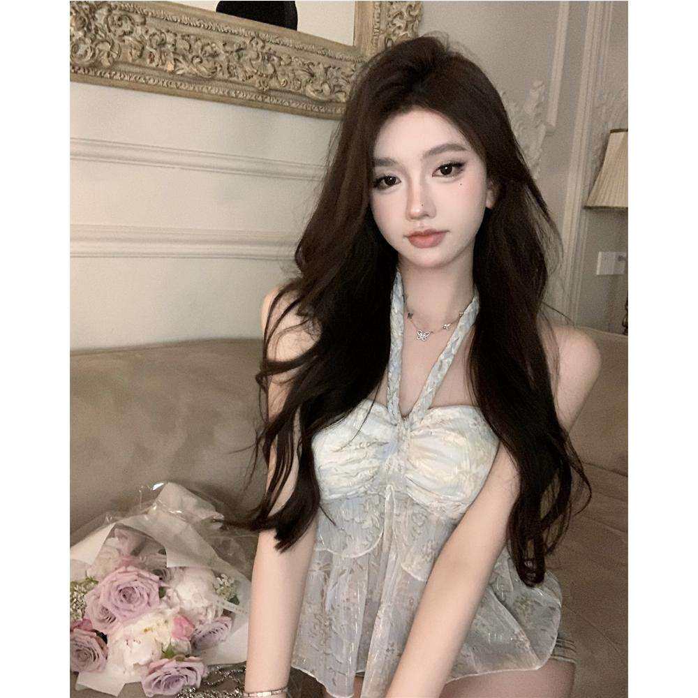 纯欲碎花挂脖吊带小背心女夏季甜辣妹外穿短款荷叶边蓝色露背上衣