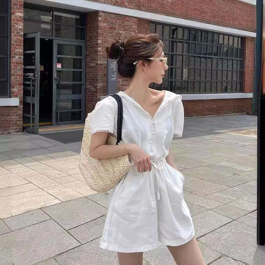 连体裤chic连体短裤大翻领韩版抽绳蕾丝新款拼白色黑色2024夏季女