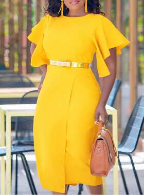 D487 外贸女装2024夏亚马逊荷叶边包臀时尚优雅OL通勒外贸连衣裙