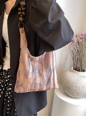 水纹竹叶印花禅意感旗袍古风约姿气质单肩手提布包袋2024外贸款
