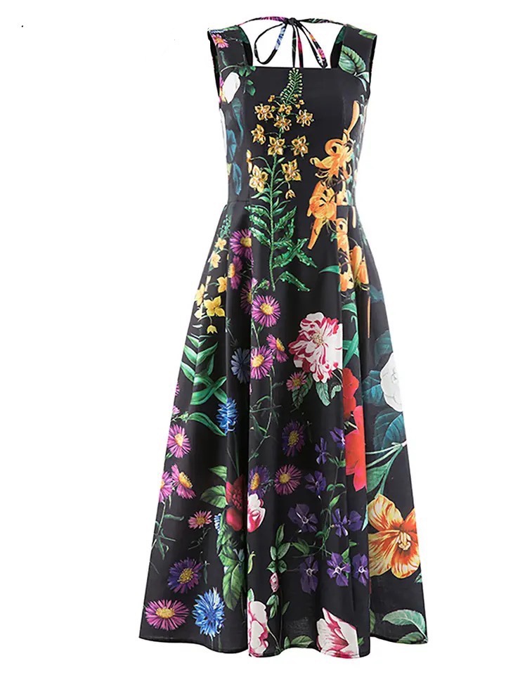 Summer Loose Dress For Women Print Colorblock Midi Dresses