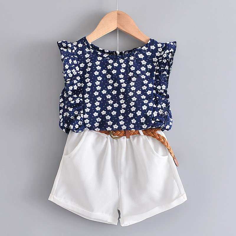 外贸夏季韩版中小童女童飞袖纯色衬衫+宽松阔腿裤两件套装裤潮