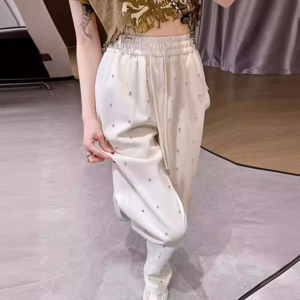 重工镶钻窄版阔腿裤女春装高腰垂感直筒裤小个子运动卫裤拖地长裤