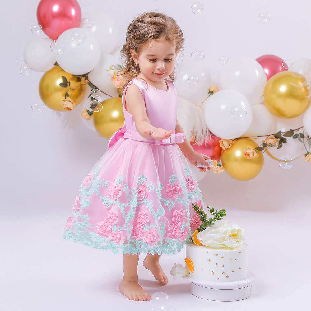 女童夏季无袖网纱花朵连衣裙周岁棉大蝴蝶结宝宝婴儿礼服公主裙